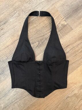 White Fox Black Halter Corset Top Womens XS Cropped Backless Office Siren Party